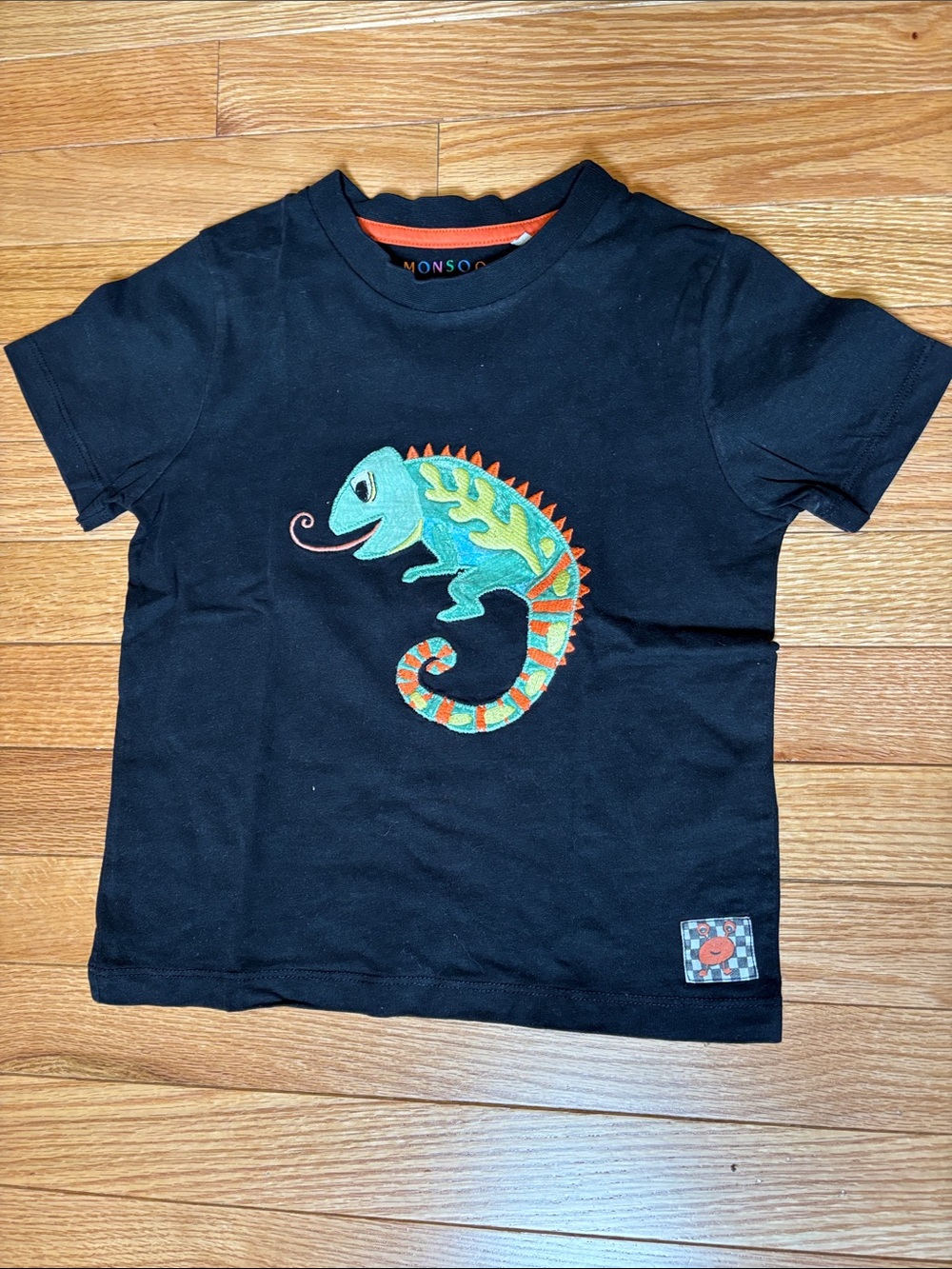 Monsoon Black Tee with Colorful Chameleon Patch